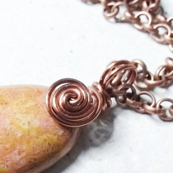 Wire Wrapped!!! Mango + Tangerine Hues! Chrysanthemum Fossil Pendant + 20" Chain - Picture 5 of 9